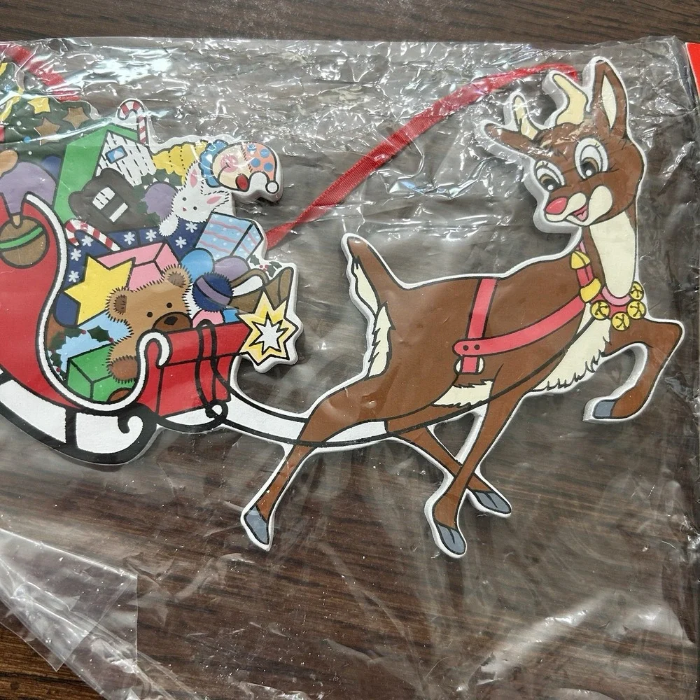 Vintage Kurt Adler Wood Christmas Ornament Rudolph Sleigh Toys NOS Santa's World